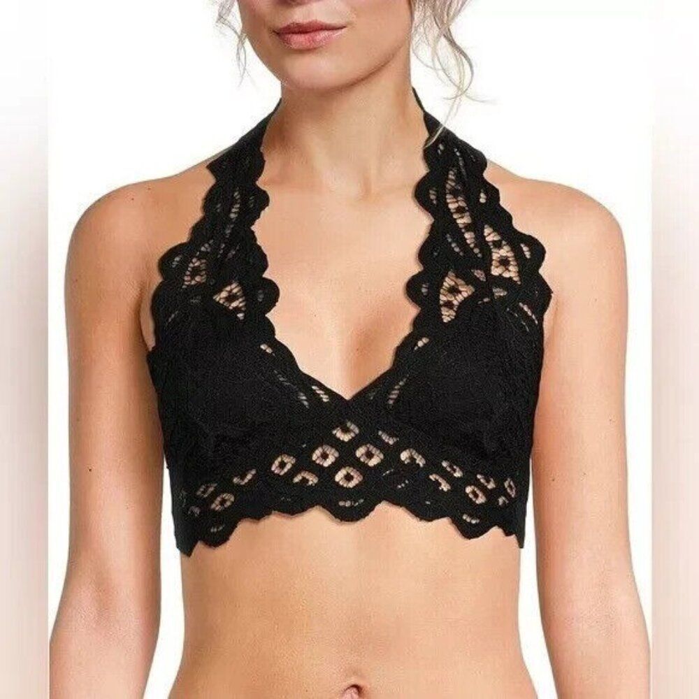 Free‎ People Adella Lace Halter Bralette Womens XS Black